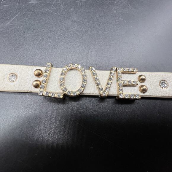 Yik Fung Rhinestone Studded Love White Leather Wrap Bracelet Snap Closure - Picture 4 of 11